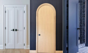 Modern interior doors with custom trim and architectural millwork details